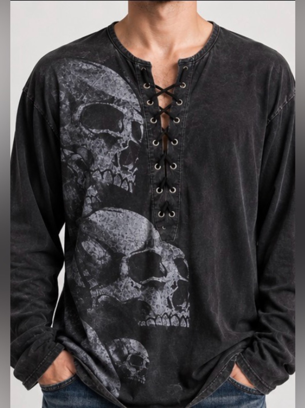 Unbranded Men’s Skull Lace Up Long Sleeve Shirt Black Size L Goth Y2K